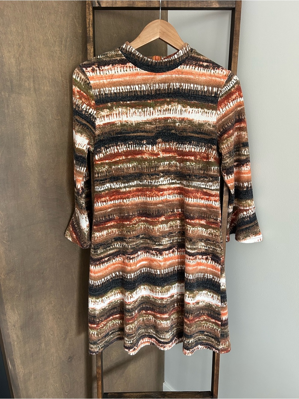 Aryeh Striped Long Sleeve Dress in Rust, Olive, Cream & Black